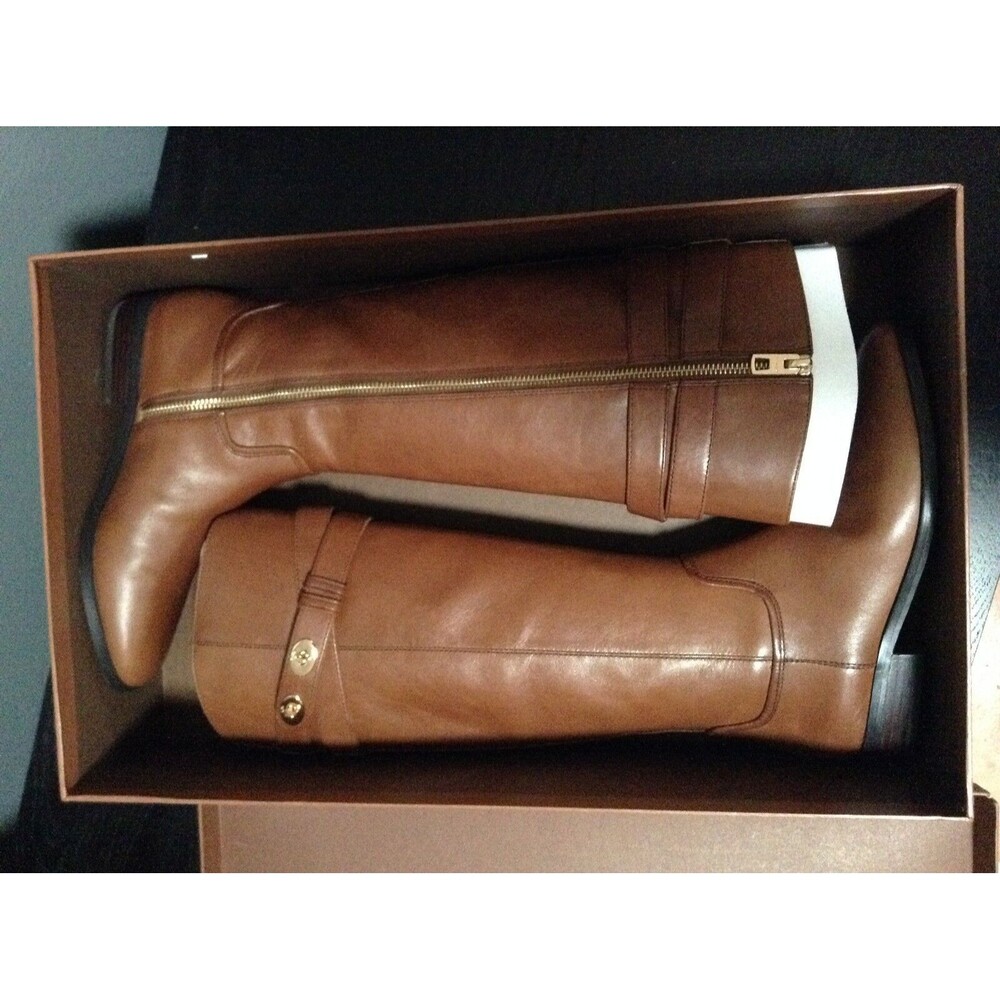 Coach Linette Leather Long Boots Shoes Riding Winter Cognac Brown 6 M $390 NIB - Picture 6 of 12